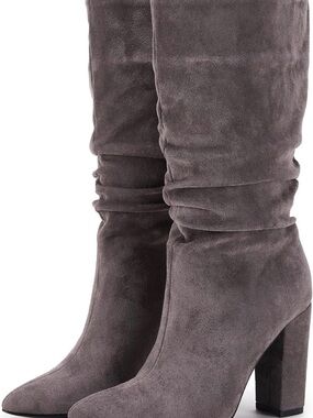 Syktkmx Gray Suede Slouch Boot with Block Heel